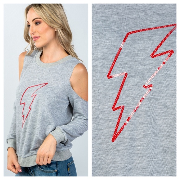 ❤Gray Cold Shoulder Sequin Lightning Bolt Top - Picture 3 of 4